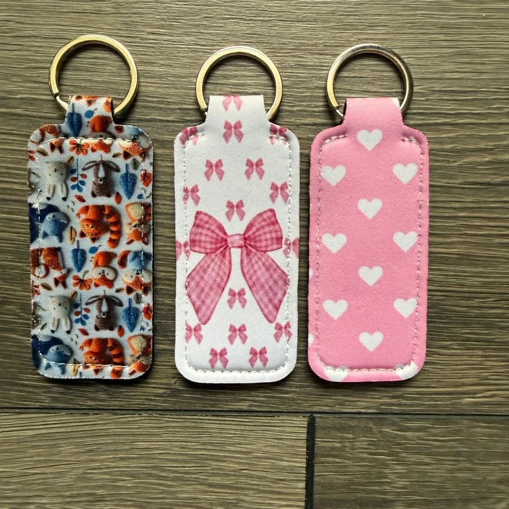 Set of 3 Neoprene Chapstick Holder‎ Keychains Woodland Animals Bows Hearts Pink